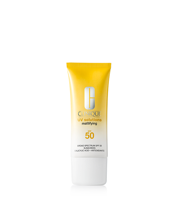 UV Solutions Mattifying Sunscreen Broad Spectrum SPF 50, Lightweight daily mattifying sunscreen powered by skincare to help control excess shine all day, unclog pores, and help refine skin’s texture.