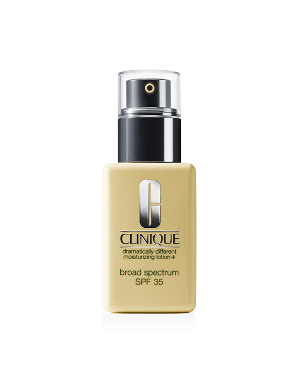 Dramatically Different Moisturizing Lotion+™ Broad Spectrum SPF 35, Lightweight moisturizing lotion strengthens skin’s barrier, instantly boosts moisture, and helps protect with SPF without leaving a white cast.