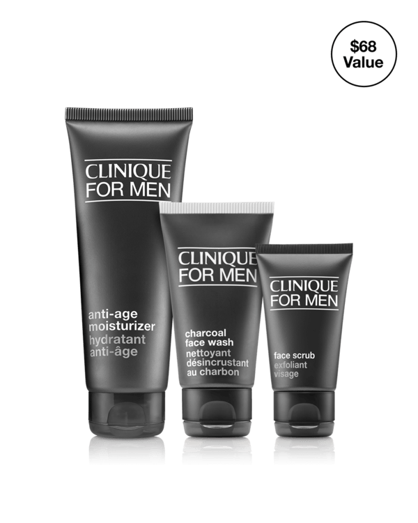 Clinique For Men: The Age Defense System, A simple anti-aging men’s skincare routine for younger-looking skin. A $68 value.