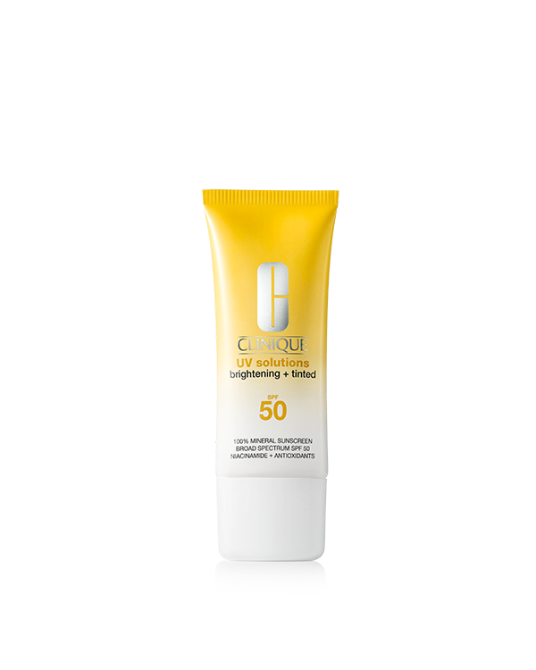 UV Solutions Brightening + Tinted Sunscreen Broad Spectrum SPF 50/PA+++, Brightening 100% mineral* daily sunscreen powered by skincare to visibly brighten and reduce dark spots and fine lines.