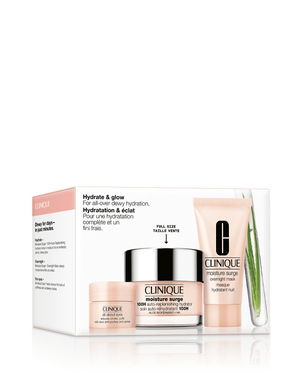 Hydrate + Glow Skincare Set, 3 skincare favorites for all-over dewy hydration, including our bestselling Moisture Surge™ 100H Hydrator in full size. A $72.00 value.