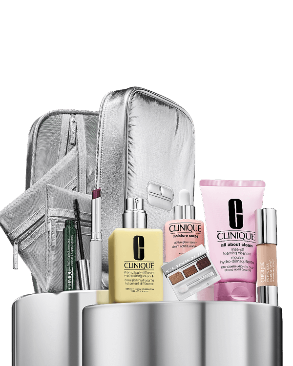 Glow On The Go Set – $65 With Any Purchase, 7 glow essentials in a 3-in-1 beauty bag, featuring Clinique’s most-loved makeup and skincare.